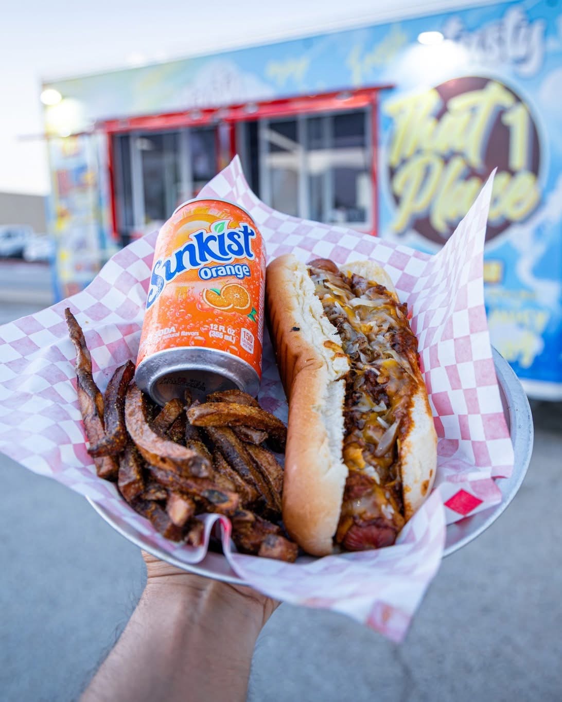 A loaded hot dog and seasoned fries served in a basket at the truck